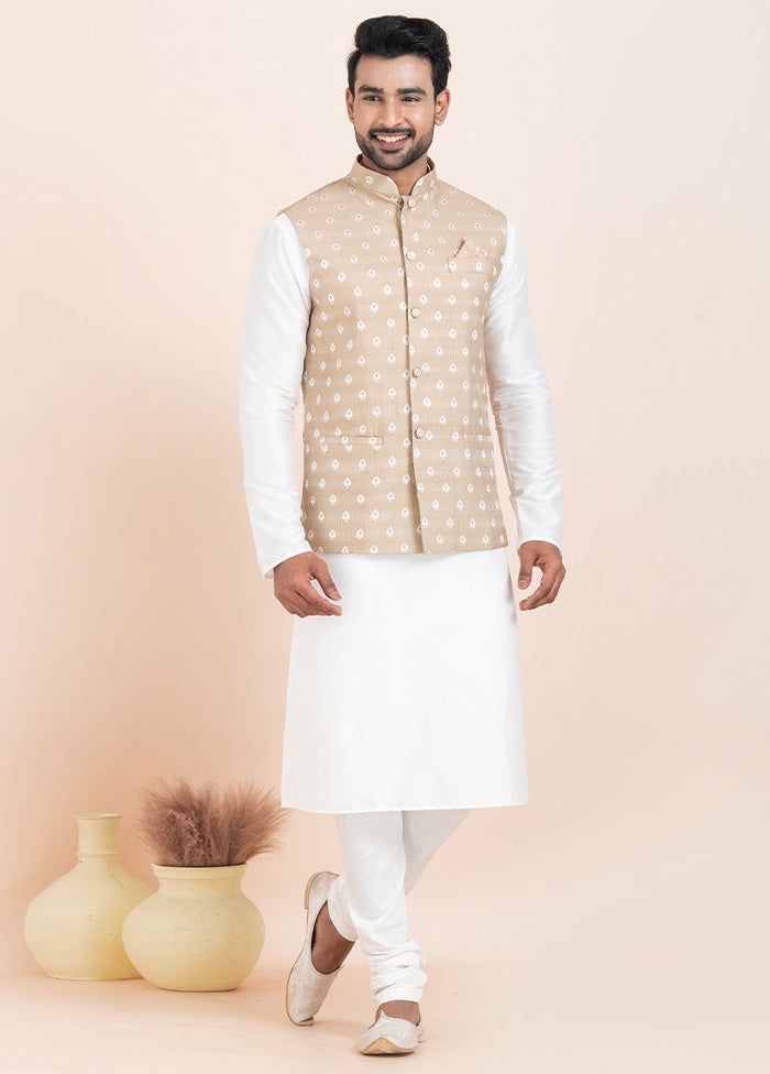 3 Pc White Dupion Silk Kurta Pajama Set