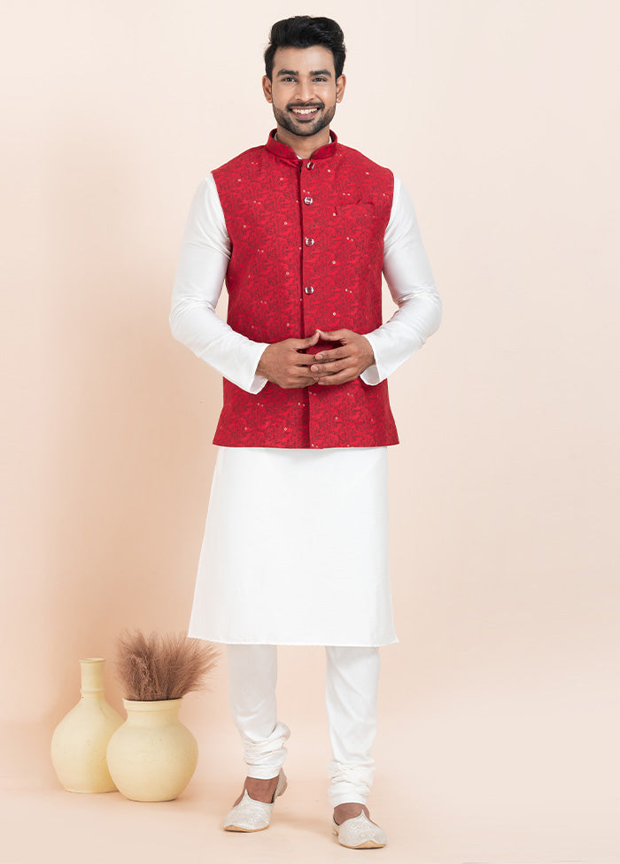 Red Full Sleeves Mandarin Collar Waistcoat