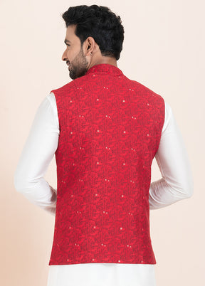 Red Full Sleeves Mandarin Collar Waistcoat