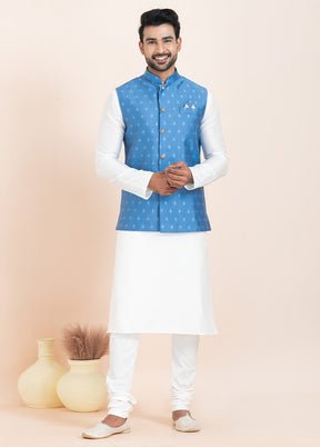 Blue Full Sleeves Mandarin Collar Waistcoat