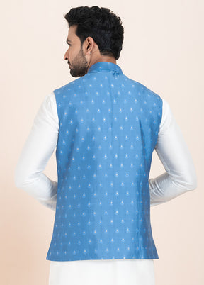 Blue Full Sleeves Mandarin Collar Waistcoat