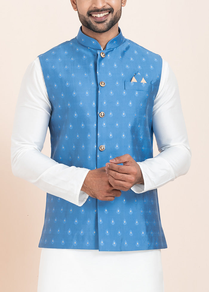 Blue Full Sleeves Mandarin Collar Waistcoat