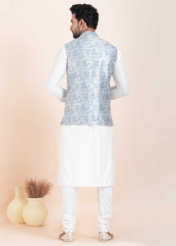 3 Pc White Dupion Silk Kurta Pajama Set