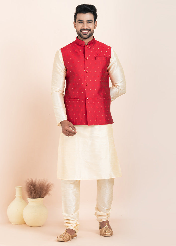 Red Full Sleeves Mandarin Collar Waistcoat