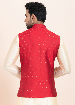 Red Full Sleeves Mandarin Collar Waistcoat