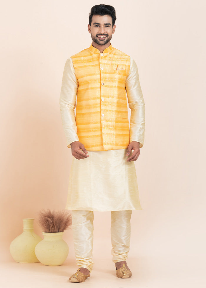 3 Pc Gold Dupion Silk Kurta Pajama Set