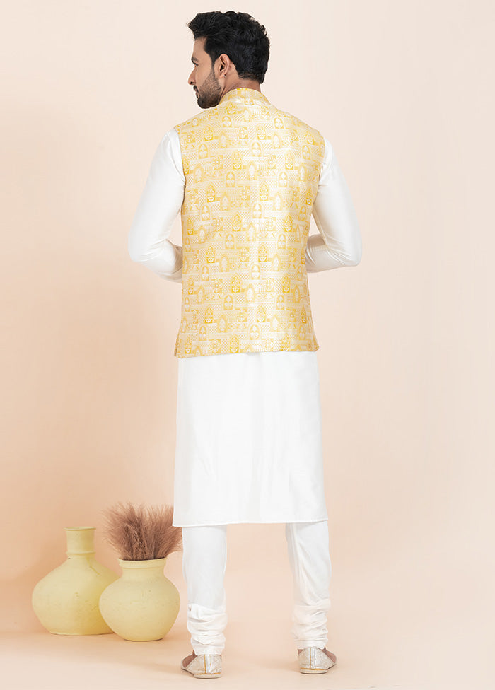 3 Pc White Dupion Silk Kurta Pajama Set