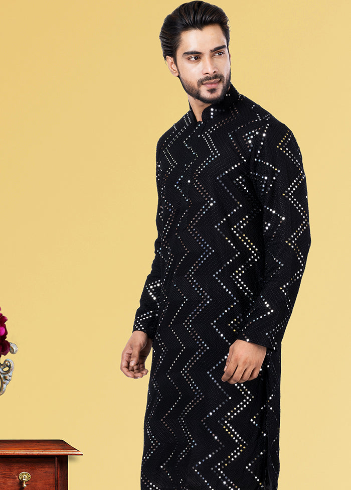 Black Jacquard Woven Silk Kurta Pajama Set - Indian Silk House Agencies
