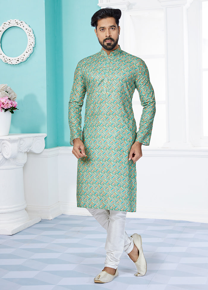 2 Pc Green Cotton Kurta And Pajama Set - Indian Silk House Agencies