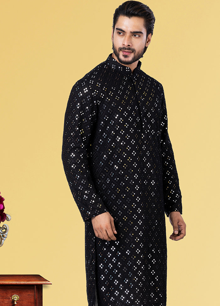 Black Jacquard Woven Silk Kurta Pajama Set