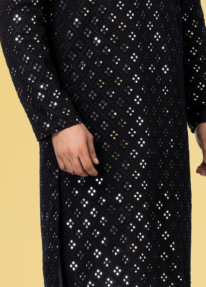 Black Jacquard Woven Silk Kurta Pajama Set - Indian Silk House Agencies