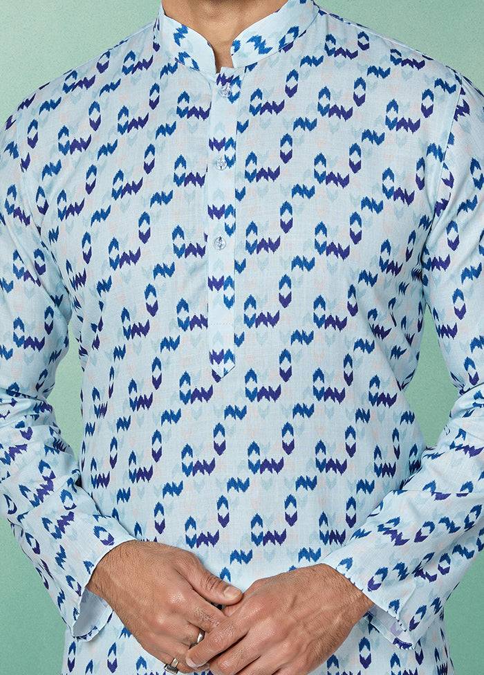 2 Pc Blue Cotton Kurta And Pajama Set