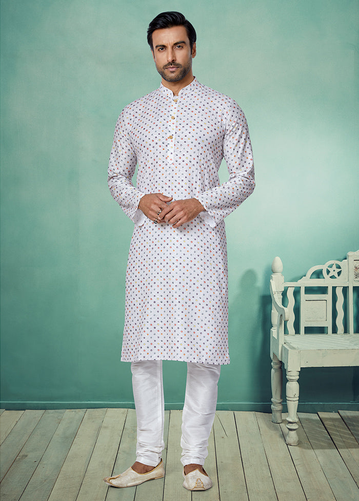 2 Pc White Dupion Silk Kurta And Pajama Set