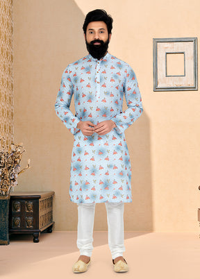2 Pc Blue Dupion Silk Kurta And Pajama Set