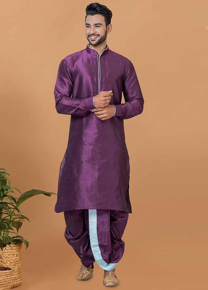 2 Pc Purple Dupion Silk Kurta And Dhoti Set - Indian Silk House Agencies