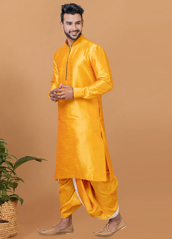 2 Pc Yellow Dupion Silk Kurta And Dhoti Set - Indian Silk House Agencies