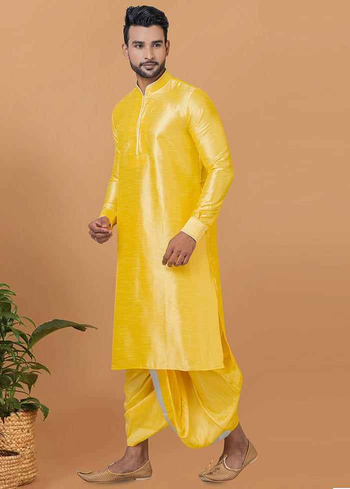 2 Pc Yellow Dupion Silk Kurta And Dhoti Set - Indian Silk House Agencies