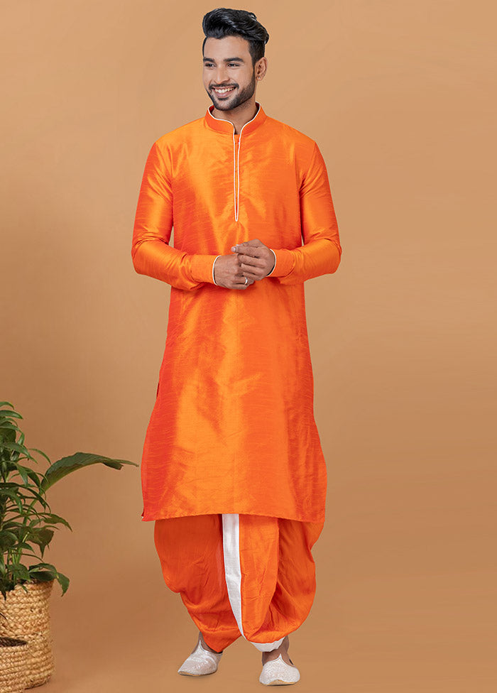 2 Pc Orange Dupion Silk Kurta And Dhoti Set - Indian Silk House Agencies