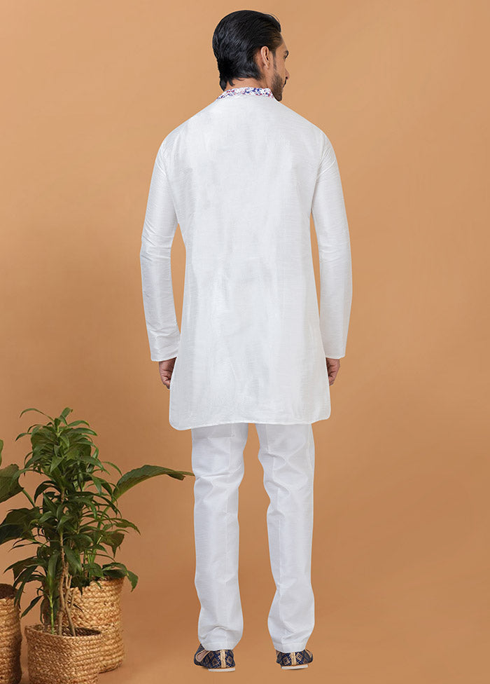 2 Pc White Silk Kurta Pajama Set