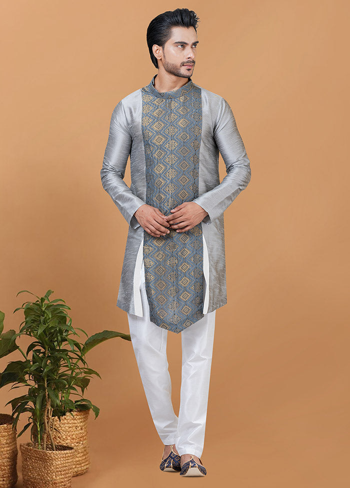 2 Pc Grey Silk Kurta Pajama Set - Indian Silk House Agencies