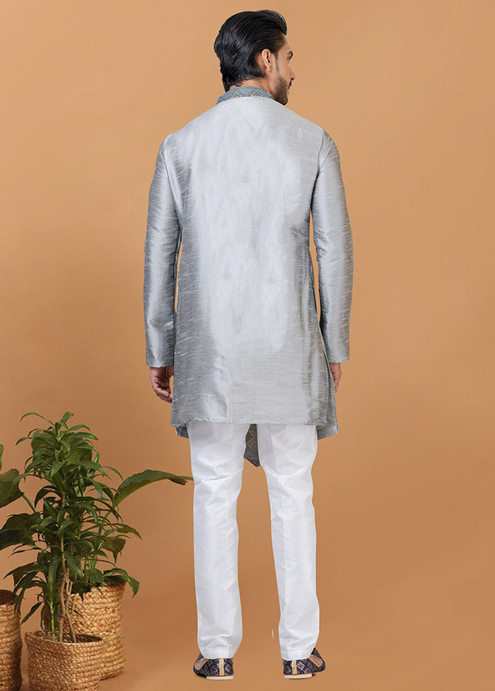 2 Pc Grey Silk Kurta Pajama Set - Indian Silk House Agencies
