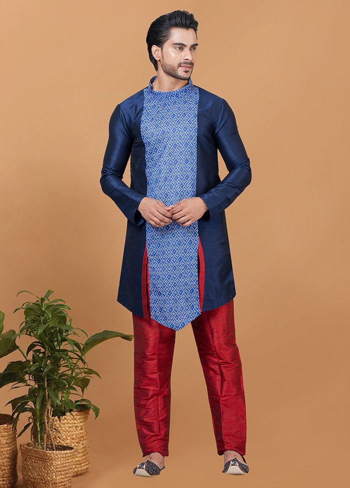 2 Pc Navy Blue Silk Kurta Pajama Set - Indian Silk House Agencies