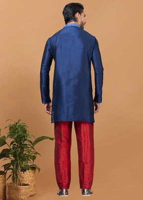 2 Pc Navy Blue Silk Kurta Pajama Set - Indian Silk House Agencies
