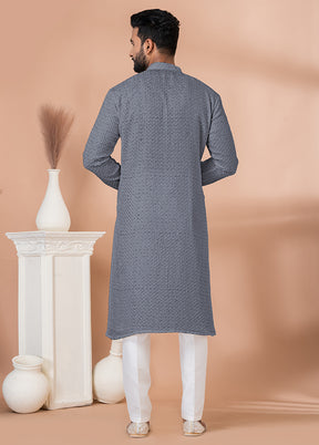 2 Pc Grey Georgette Embroidery Kurta Pajama Set