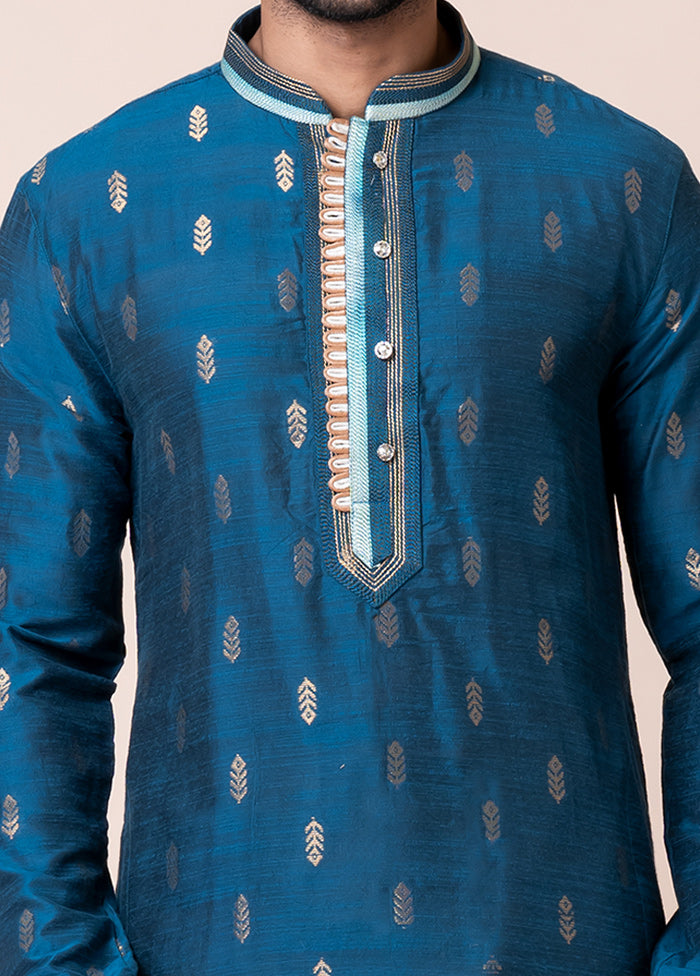 Blue Blended Silk Kurta And Pajama Set