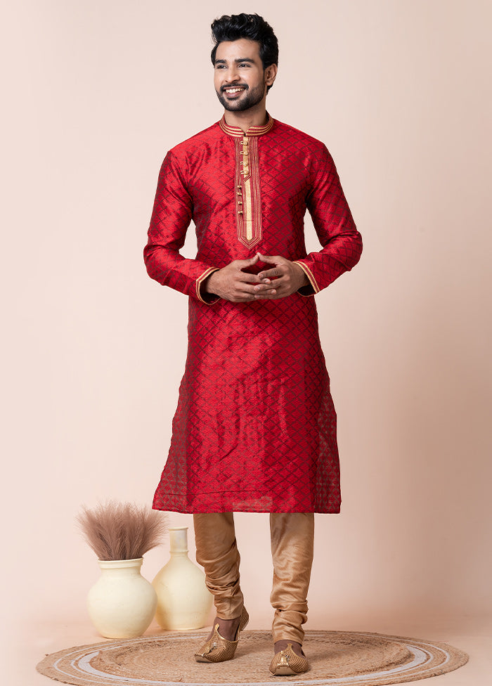 Red Blended Silk Kurta And Pajama Set