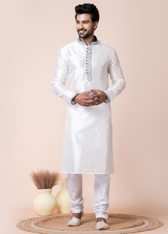 White Blended Silk Kurta And Pajama Set