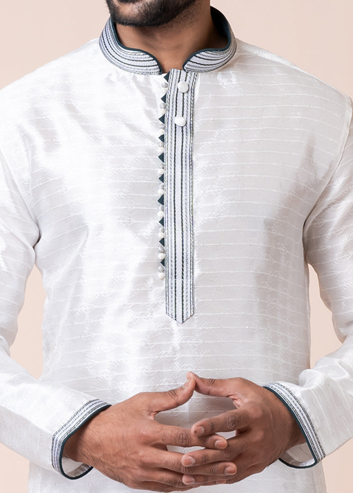 White Blended Silk Kurta And Pajama Set