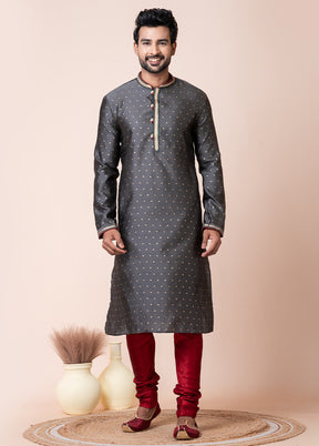 Grey Blended Silk Kurta And Pajama Set