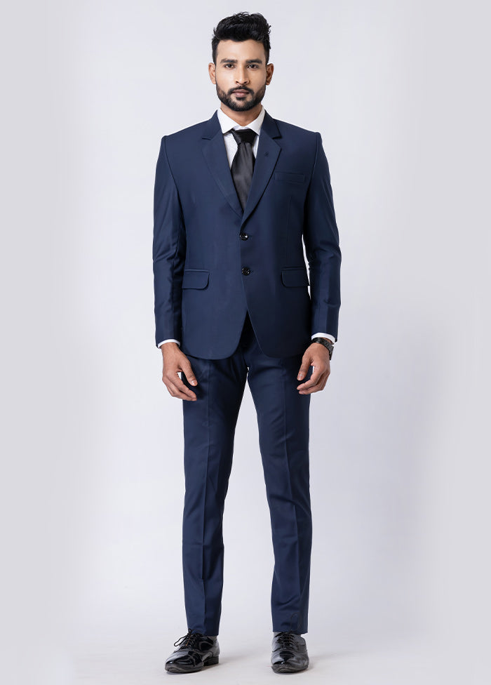 Navy Blue Silk Full Sleeves Mandarin Collar Blazer with Trouser Set