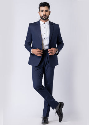 Navy Blue Silk Full Sleeves Mandarin Collar Blazer with Trouser Set