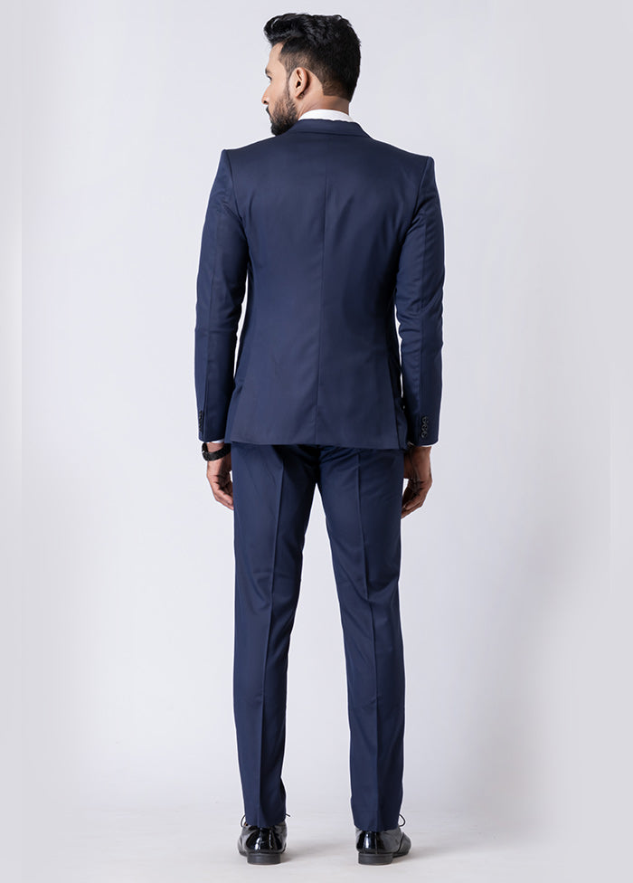 Navy Blue Silk Full Sleeves Mandarin Collar Blazer with Trouser Set