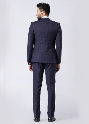 Navy Blue Silk Full Sleeves Mandarin Collar Blazer with Trouser Set