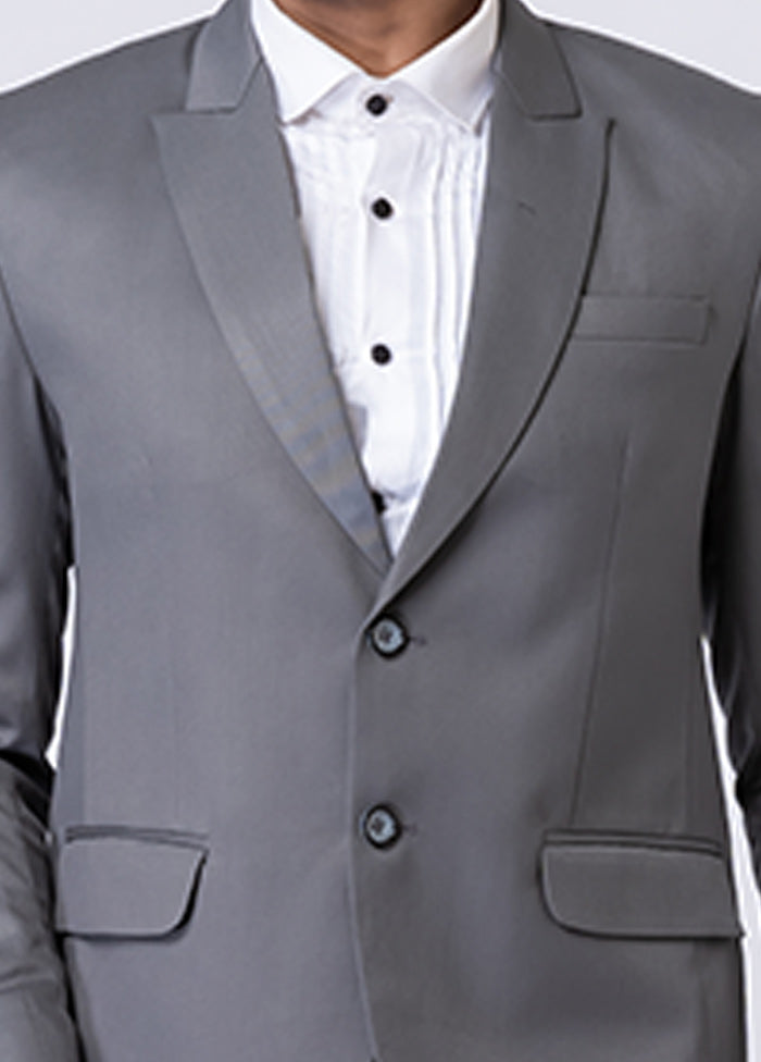 Grey Silk Full Sleeves Mandarin Collar Blazer with Trouser Set