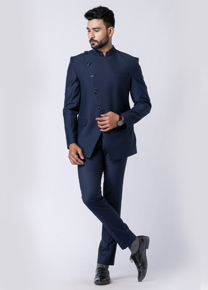 Navy Blue Silk Full Sleeves Mandarin Collar Jodhpuri Kurta With Trouser Set