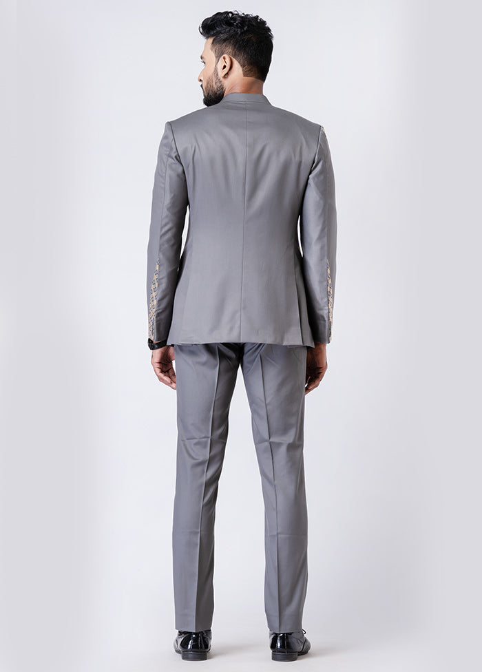 Grey Silk Full Sleeves Mandarin Collar Jodhpuri Kurta With Trouser Set