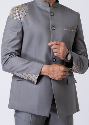 Grey Silk Full Sleeves Mandarin Collar Jodhpuri Kurta With Trouser Set