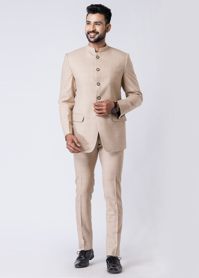 Beige Silk Full Sleeves Mandarin Collar Jodhpuri Kurta With Trouser Set