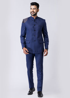 Navy Blue Silk Full Sleeves Mandarin Collar Jodhpuri Kurta With Trouser Set