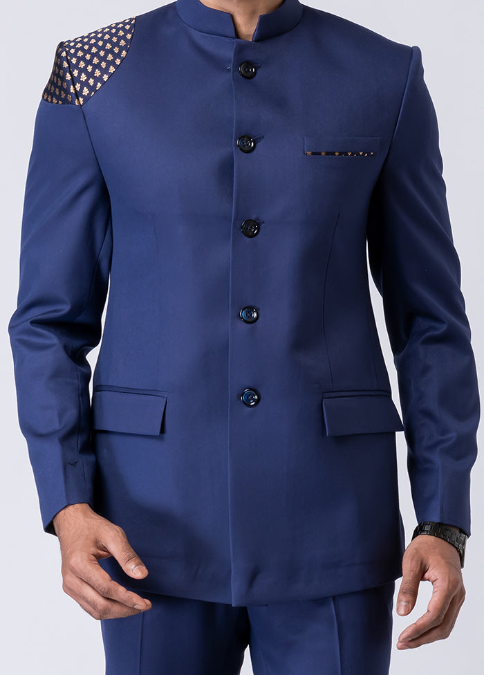 Navy Blue Silk Full Sleeves Mandarin Collar Jodhpuri Kurta With Trouser Set