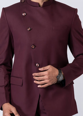 Wine Silk Full Sleeves Mandarin Collar Jodhpuri Kurta With Trouser Set