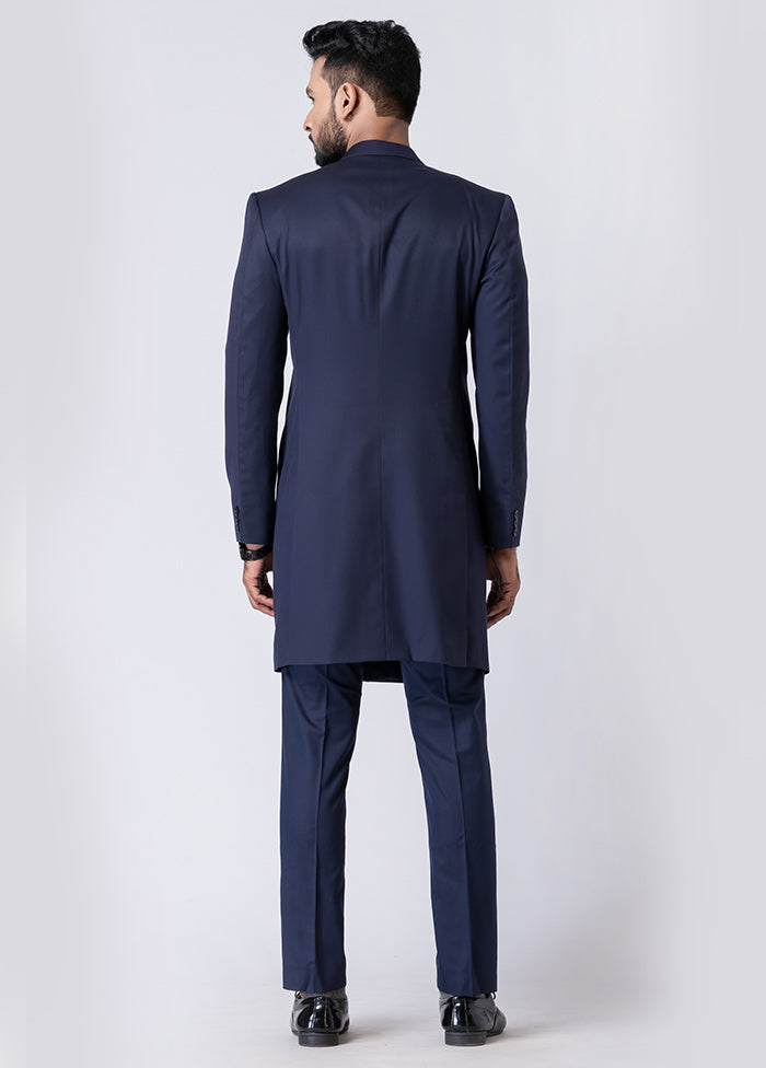 Navy Blue Silk Full Sleeves Mandarin Collar Jodhpuri Kurta With Trouser Set