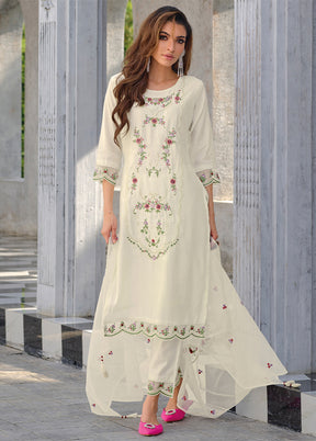 3 Pc White Readymade Viscose Dupatta Suit Set