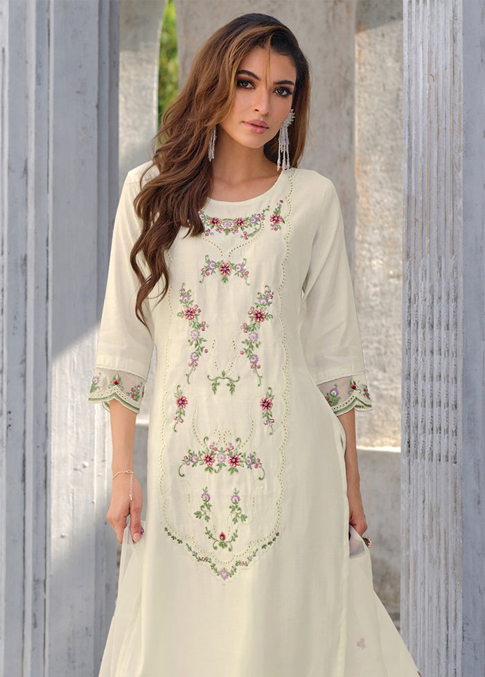 3 Pc White Readymade Viscose Dupatta Suit Set