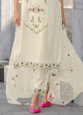 3 Pc White Readymade Viscose Dupatta Suit Set