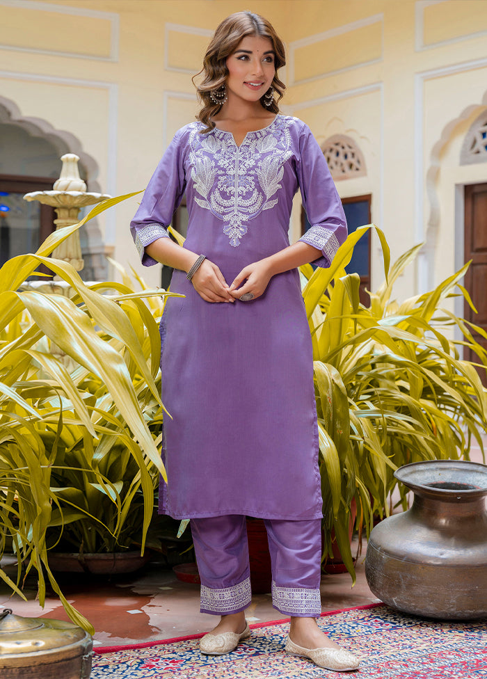3 Pc Purple Readymade Silk Dupatta Suit Set
